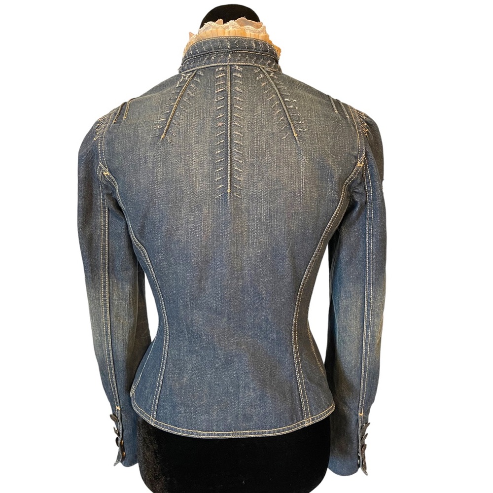 🌺 Ellie Tahari Distressed Vanessa Ruffle Jean Jacket - Picture 3 of 12